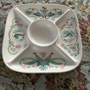 Vtg Melamine Large Divided Tray Square Penna Dutch Symbols MCM 14” Peacock Doves